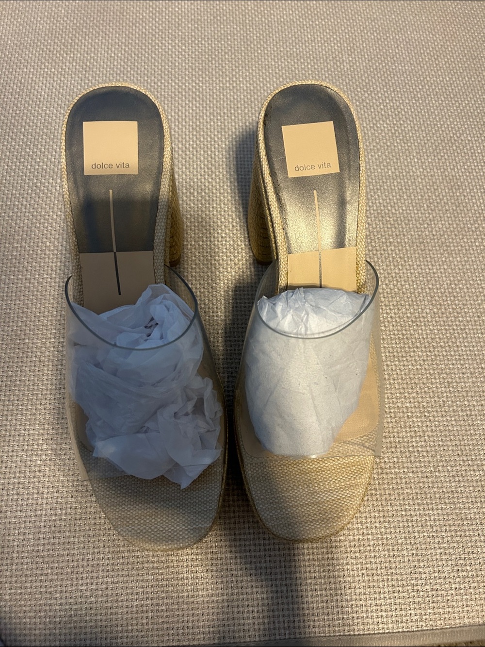 Dolce Vita Beige Woven Platform Mules with Clear Vinyl Strap